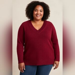 K) Fashion Bug Deep Red V-Neck Knit Sweater – Size 2X